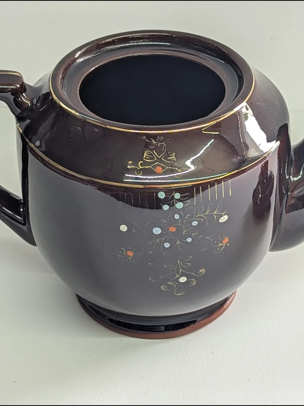 Vintage Hand Painted Brown Ceramic Teapot Floral Gold Cottagecore Tea Pot